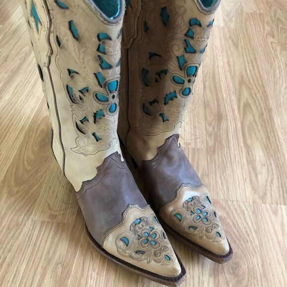 CORRAL VINTAGE Brown/Turquoise Laser Tool Leather C1620 - Picture 7 of 16